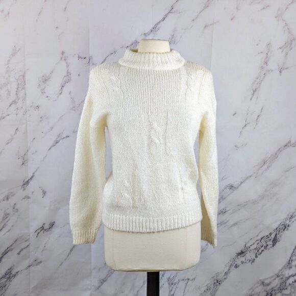90s Cream White Cable Knit Sweater Chunky Mock Neck Acrylic Helium Size 9 - Picture 1 of 6